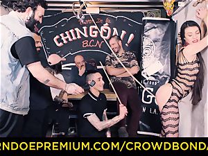 CROWD restrain bondage - Tiffany female gets spanked in domination & submission bang
